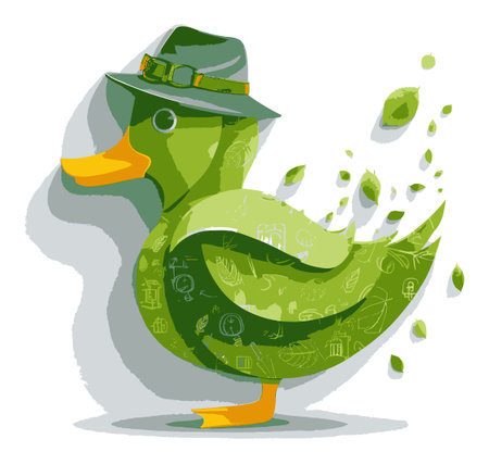 This vibrant illustration features a playful green duck adorned with a stylish hat. The design integrates nature elements, emphasizing creativity and eco-friendliness. Perfect for children's themes or environmental projects.のイラスト素材