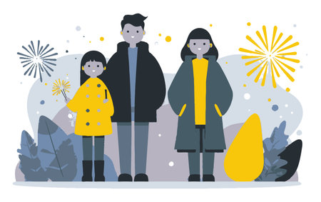 A colorful flat cartoon illustration featuring a family celebrating with fireworks. Three characters stand joyfully in a festive environment with playful elements.のイラスト素材