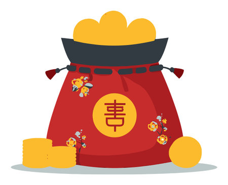 A vibrant cartoon representation of a red bag filled with gold coins. The design showcases festive decorations and traditional symbols, perfect for celebrations.のイラスト素材