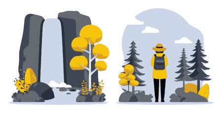 Explore a vibrant cartoon landscape featuring a serene waterfall and an adventurer gazing into nature's beauty. Perfect for illustrating outdoor adventures.のイラスト素材