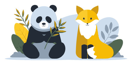 This charming illustration features a playful panda and a friendly fox sitting together, surrounded by nature. The colorful design highlights their whimsical personalities, making it perfect for various creative projects.のイラスト素材