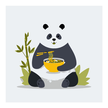 Adorable cartoon panda happily eating noodles from a bowl using chopsticks. The flat illustration features playful colors, making it perfect for food-related designs or childrens themes.のイラスト素材