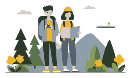 This flat cartoon illustration features two travelers, a man and a woman, exploring nature with backpacks, a map, and a camera, surrounded by trees and mountains.のイラスト素材