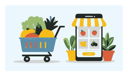 Engaging flat cartoon illustration of a grocery cart filled with fruits and vegetables next to a smartphone showcasing items for online shopping.のイラスト素材