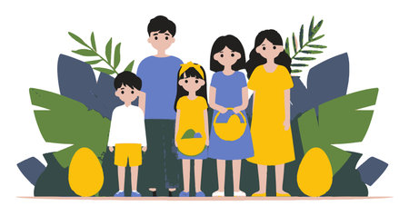 Charming flat cartoon illustration of a joyful family surrounded by tropical plants and fruits, embodying a lively summer vibe with colorful outfits.のイラスト素材