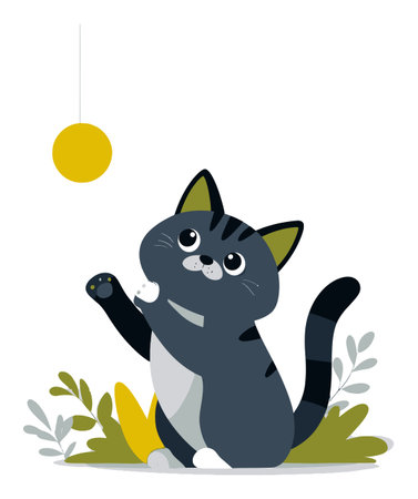 This charming flat design illustration features a playful cartoon cat reaching for a vibrant yellow ball. The scene captures the joyful essence of feline playfulness, surrounded by lush greenery.のイラスト素材