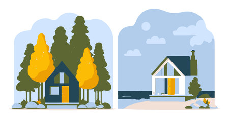 Playful illustration featuring a cozy house amidst colorful trees and a serene ocean backdrop. Ideal for summer themes, outdoor designs, and relaxation concepts.のイラスト素材