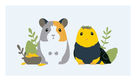 This charming flat design showcases two cute small animals, a guinea pig and a stylized bird, surrounded by leafy plants, perfect for animal lovers.のイラスト素材