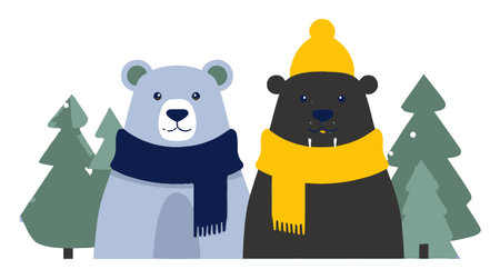 Two adorable cartoon bears, one gray and one black, wear colorful scarves in a wintery forest...