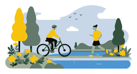A colorful flat cartoon illustration showcasing a cyclist and a jogger enjoying nature. The serene outdoor scene features trees, flowers, and a calming water body, highlighting an active lifestyle.のイラスト素材