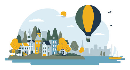 This flat cartoon illustration features a charming town with colorful buildings, a hot air balloon in the sky, and serene natural surroundings, ideal for travel themes.のイラスト素材