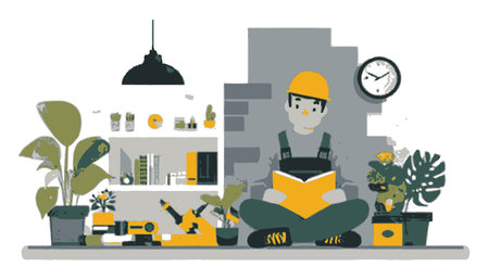 A colorful cartoon illustration showing a worker reading a book amidst indoor plants and tools. A relaxing home workspace ambiance is created.のイラスト素材