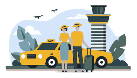 This flat cartoon illustration features a couple standing by a yellow taxi at an airport. Ideal for travel-themed projects, the graphic captures the essence of modern adventures.のイラスト素材