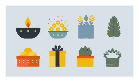 This collection features colorful flat cartoon illustrations showcasing plants, gifts, and decorative elements. Ideal for festive designs and cheerful presentations.のイラスト素材