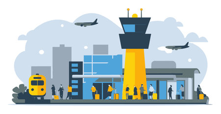 A vibrant flat cartoon illustration depicting an airport scene with passengers, a train, and an air traffic control tower. Perfect for travel-themed projects or visual communications.のイラスト素材