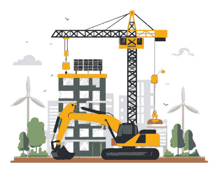 Colorful flat cartoon illustration of a construction site featuring a crane, excavator, and wind turbines, symbolizing modern infrastructure and renewable energy development.のイラスト素材