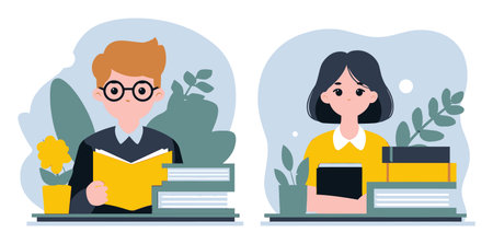 Two cartoon characters are focused on their studies with stacks of books and decorative plants adding a lively touch. A bright and modern illustration perfect for educational themes.のイラスト素材