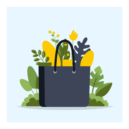 This whimsical flat cartoon illustration features a stylish tote bag filled with vibrant greenery and colorful flowers, perfect for eco-friendly themes.のイラスト素材