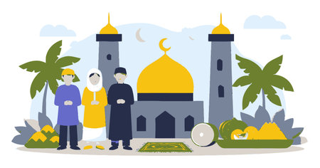This vibrant cartoon illustration features a mosque and two people in traditional attire. Surrounded by palm trees, it captures a sense of community and cultural celebration.のイラスト素材