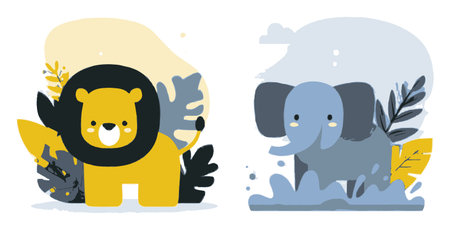 Delightful flat design featuring a charming lion and elephant in vibrant colors. Perfect for childrens books, educational materials, and playful decor.のイラスト素材