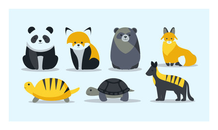 Vibrant cartoon animals in flat style featuring panda, fox, bear, and turtles against a light blue...