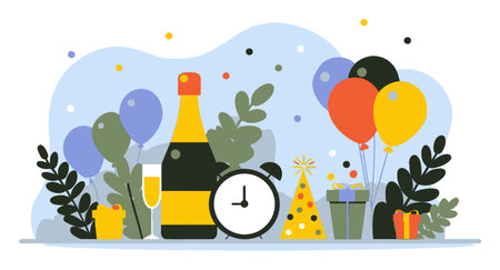 A vibrant flat design illustration capturing a festive celebration scene featuring balloons, champagne, gifts, and a decorative clock, perfect for party themes.のイラスト素材