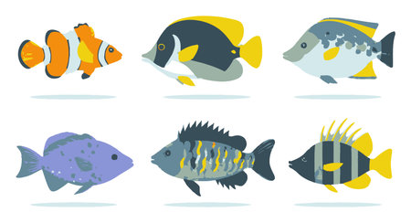 This charming collection features six colorful flat cartoon fish, perfect for playful designs or aquatic-themed projects. Ideal for children's illustrations or educational materials.のイラスト素材