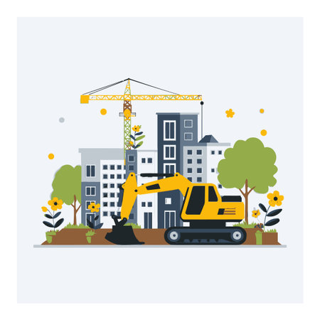 Explore a vibrant cartoon-style construction scene featuring an excavator and crane among modern buildings and lush nature elements, showcasing urban development.のイラスト素材
