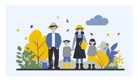 A colorful flat cartoon illustration showcasing a family gardening together. The scene features cheerful characters, vibrant plants, and a joyful outdoor atmosphere.のイラスト素材