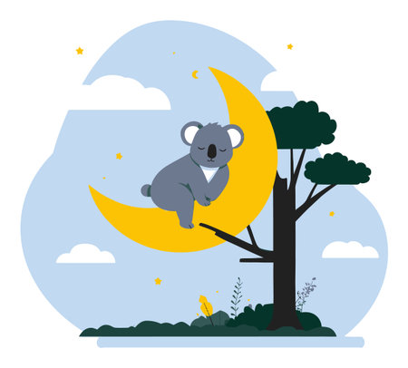 Adorable cartoon koala peacefully sleeping on a crescent moon, surrounded by gentle clouds and twinkling stars. A serene night illustration perfect for playful designs.のイラスト素材