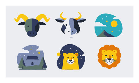 Bright and colorful flat cartoon illustrations featuring various animals and nature elements,...