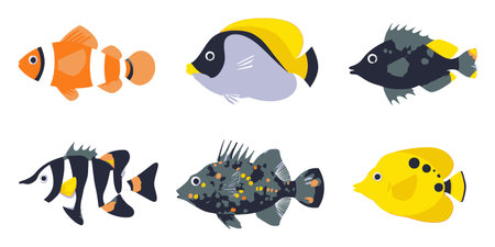 Explore a vibrant collection of colorful flat cartoon fish illustrations perfect for creative...