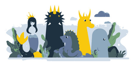 A vibrant cartoon scene featuring whimsical underwater creatures, including a mermaid and a fantasy...