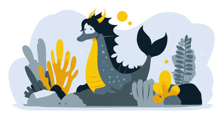 Charming illustration of a cartoon sea creature surrounded by underwater plants, featuring flat design aesthetics and a vibrant color palette. Perfect for various creative projects.のイラスト素材