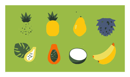 Colorful flat cartoon illustration of various fruits on a green background. This design captures the essence of vibrant tropical fruits, perfect for modern graphic projects.のイラスト素材