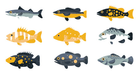 Discover a vibrant collection of colorful cartoon fish illustrations in a flat design style. Perfect for educational projects, graphic design, and nature themes.のイラスト素材
