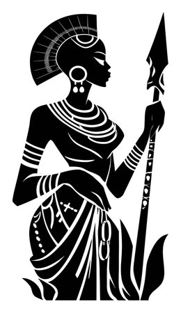 Discover a striking hand-drawn silhouette of a warrior woman, adorned with traditional accessories, poised with a spear in a graceful stance. Perfect for cultural themes.のイラスト素材