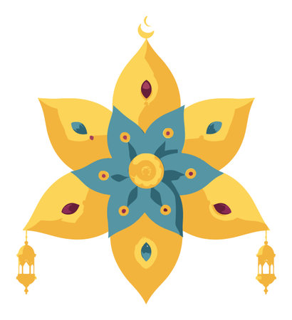 A colorful cartoon star design featuring intricate lanterns and decorative elements. Perfect for festive occasions, this flat illustration combines modern style with cultural beauty.のイラスト素材