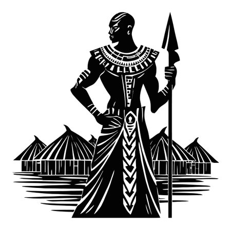 Explore this striking hand-drawn illustration featuring a warrior holding a spear, set against a backdrop of traditional huts. The artwork captures strength and culture in detailed black and white.のイラスト素材