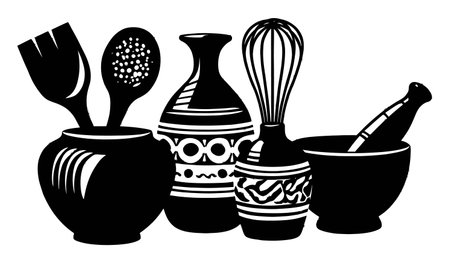 This hand drawn illustration features an artistic collection of traditional kitchen utensils and cookware, showcasing unique designs and cultural heritage. Perfect for culinary-themed projects.のイラスト素材