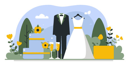 A vibrant and cheerful flat cartoon illustration showcasing wedding attire including a gown, suit, cake, and floral decorations against a colorful background.のイラスト素材
