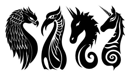 This image features hand-drawn silhouettes of four mythical creatures, showcasing dragon, unicorn, phoenix, and serpent designs. Ideal for artistic needs.のイラスト素材