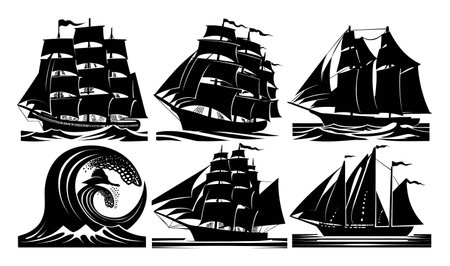 Discover an intricate hand-drawn collection of vintage sailboats and dynamic ocean waves, showcasing artistic craftsmanship in elegant black and white.のイラスト素材