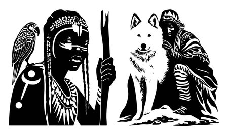 Embrace the beauty of traditional hand-drawn artistry depicting a native woman with a wolf and a bird, symbolizing connection with nature and heritage.のイラスト素材