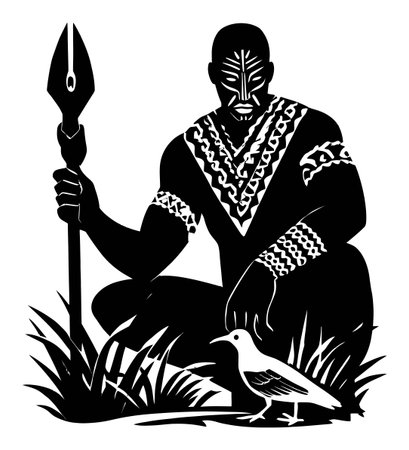 This hand-drawn silhouette features a warrior holding a spear while kneeling beside a bird, showcasing a blend of cultural elements and nature.のイラスト素材