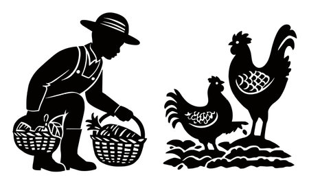 This hand-drawn illustration features a silhouette of a farmer collecting produce with chickens and a rooster nearby, celebrating rural life and agriculture.のイラスト素材