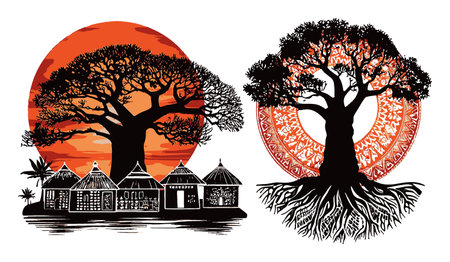 This abstract illustration beautifully combines a baobab tree and traditional huts with vibrant sunset colors, highlighting cultural heritage and natural beauty.のイラスト素材