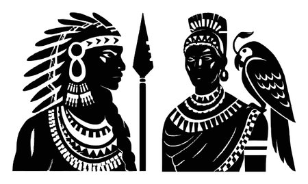 This hand-drawn silhouette illustration features indigenous figures adorned with traditional accessories, capturing their rich cultural heritage and identity.のイラスト素材