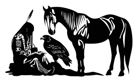 This striking hand-drawn silhouette captures the essence of Native American culture, featuring a serene figure with a horse and eagle, symbolizing connection and harmony in nature.のイラスト素材