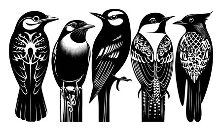 Explore this collection of hand-drawn black and white illustrations showcasing various bird species, emphasizing intricate details and unique designs.のイラスト素材